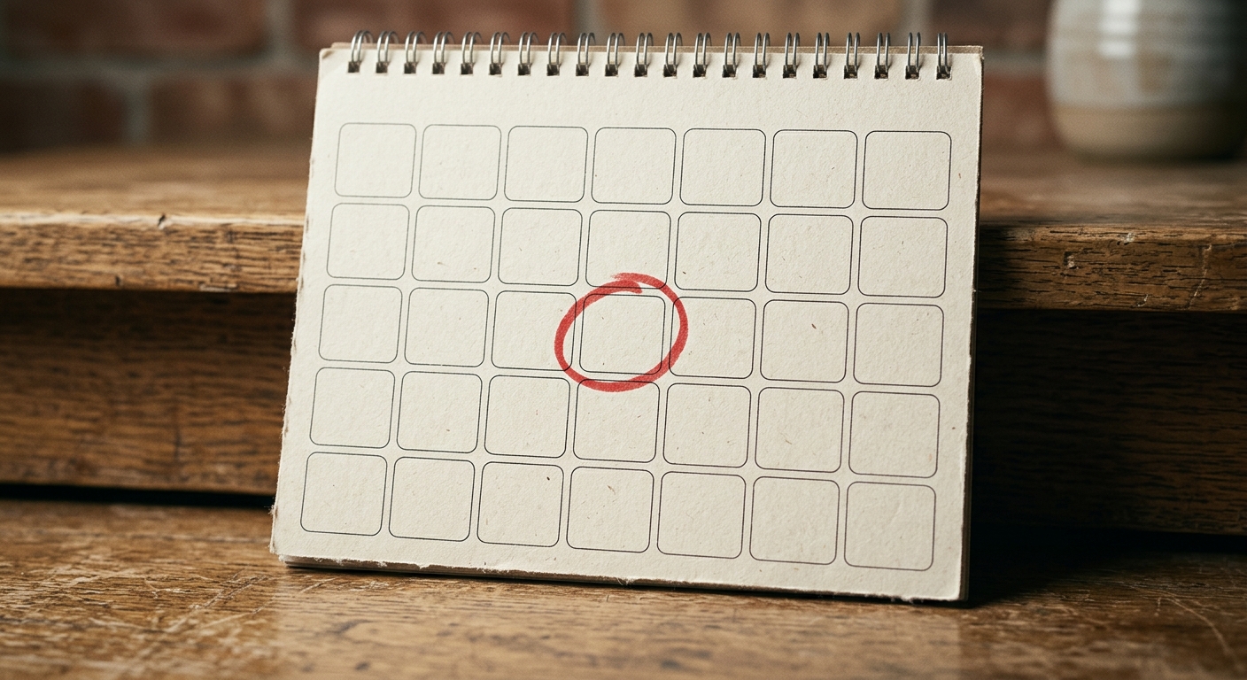 a wall calendar with one date circled in red marker on a desk