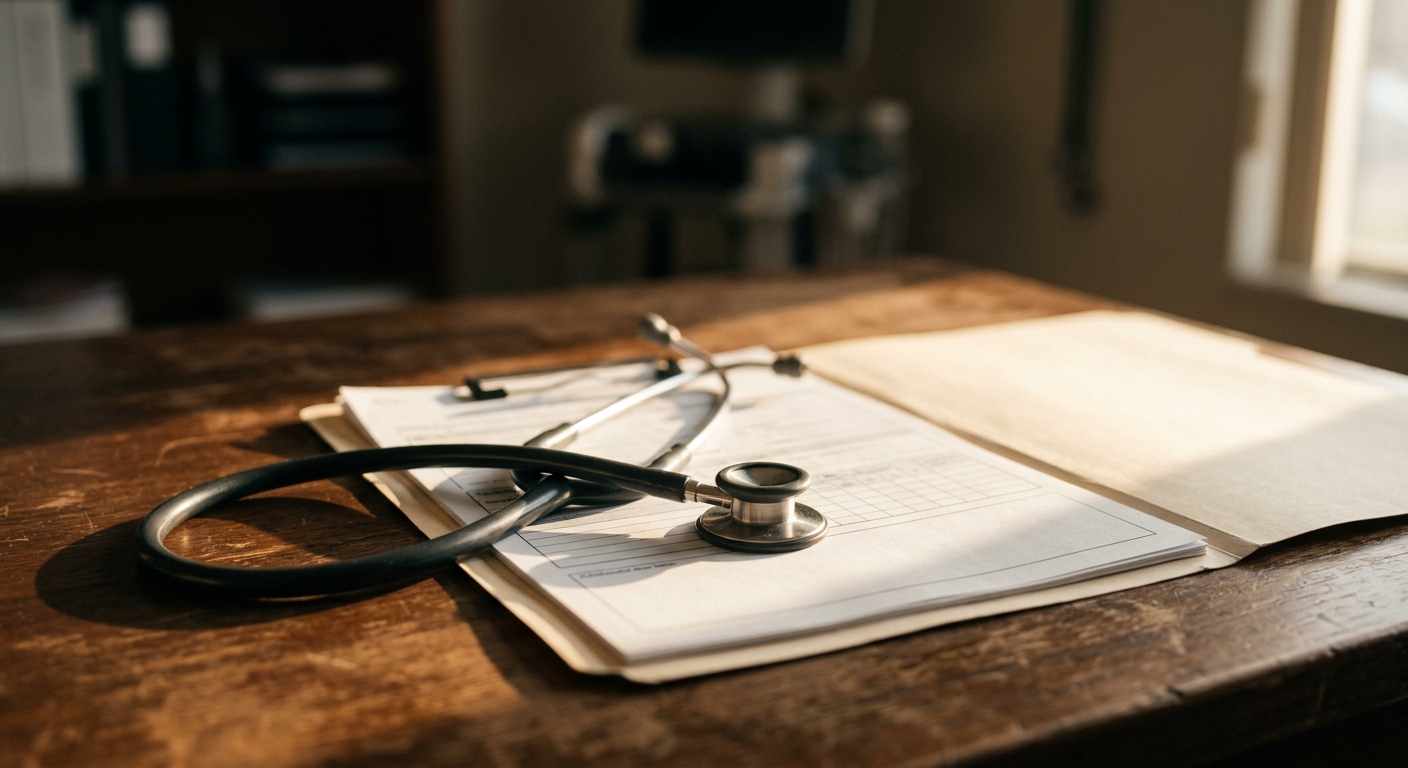 a stethoscope resting on a medical chart on a desk, no people