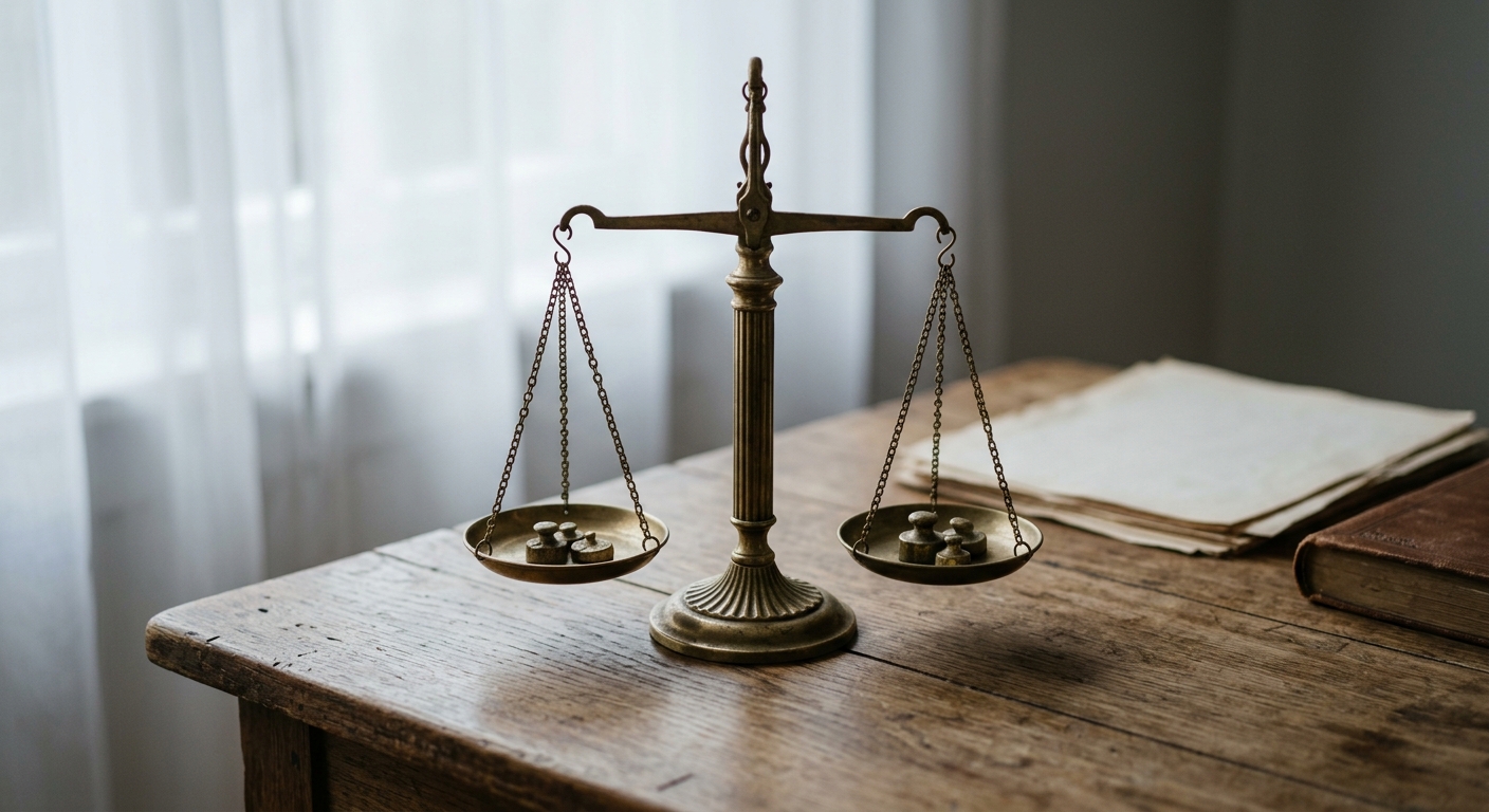 a brass set of balance scales on a wooden desk
