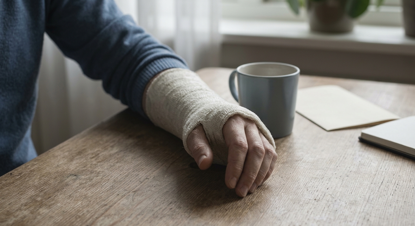 a wrist in a cast resting on a table, no faces