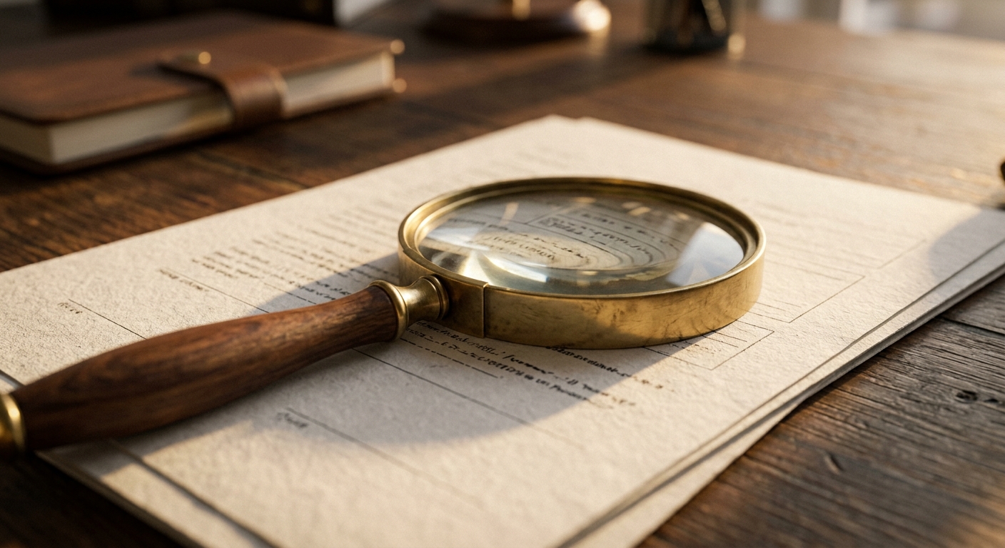 a magnifying glass resting on a printed legal document on a desk