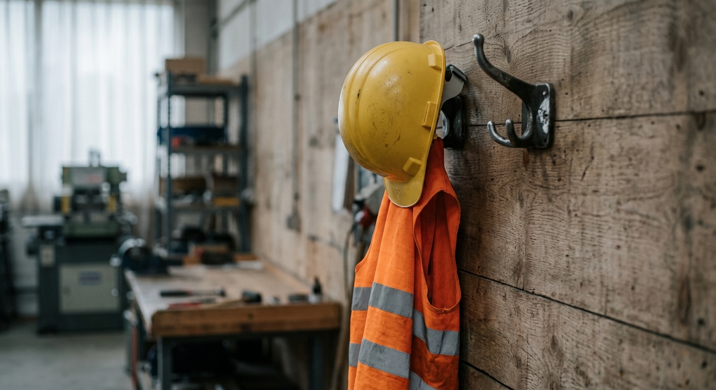 a hard hat and a safety vest on a hook in an empty workshop