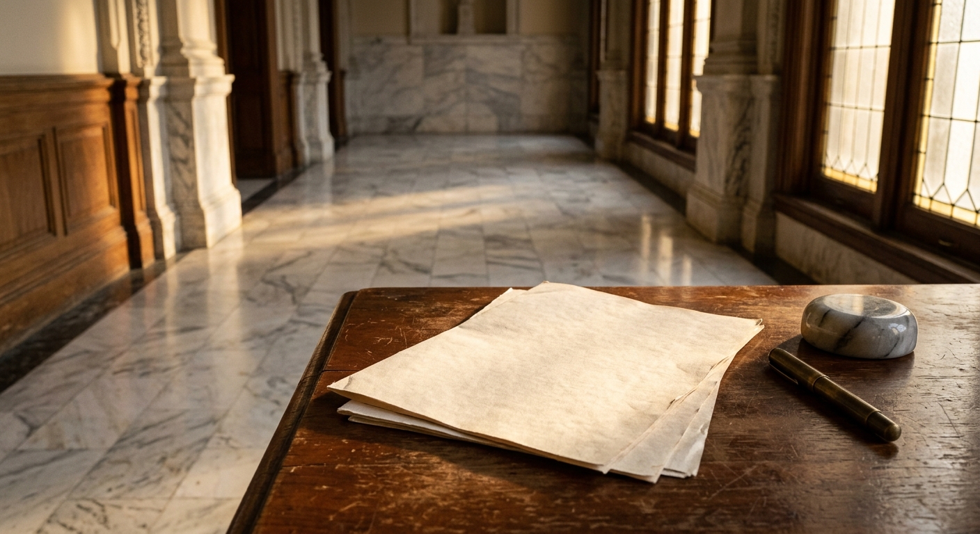 a courthouse hallway with marble floors and tall windows