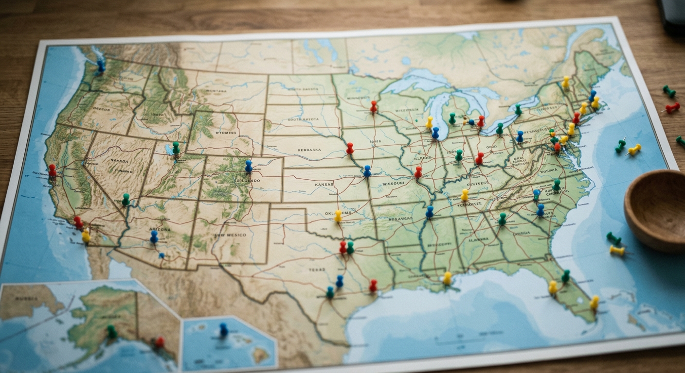 a printed map of the United States on a desk with colored pins