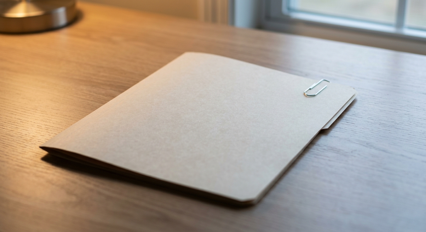 a closed manila folder with a paper clip on a clean desk